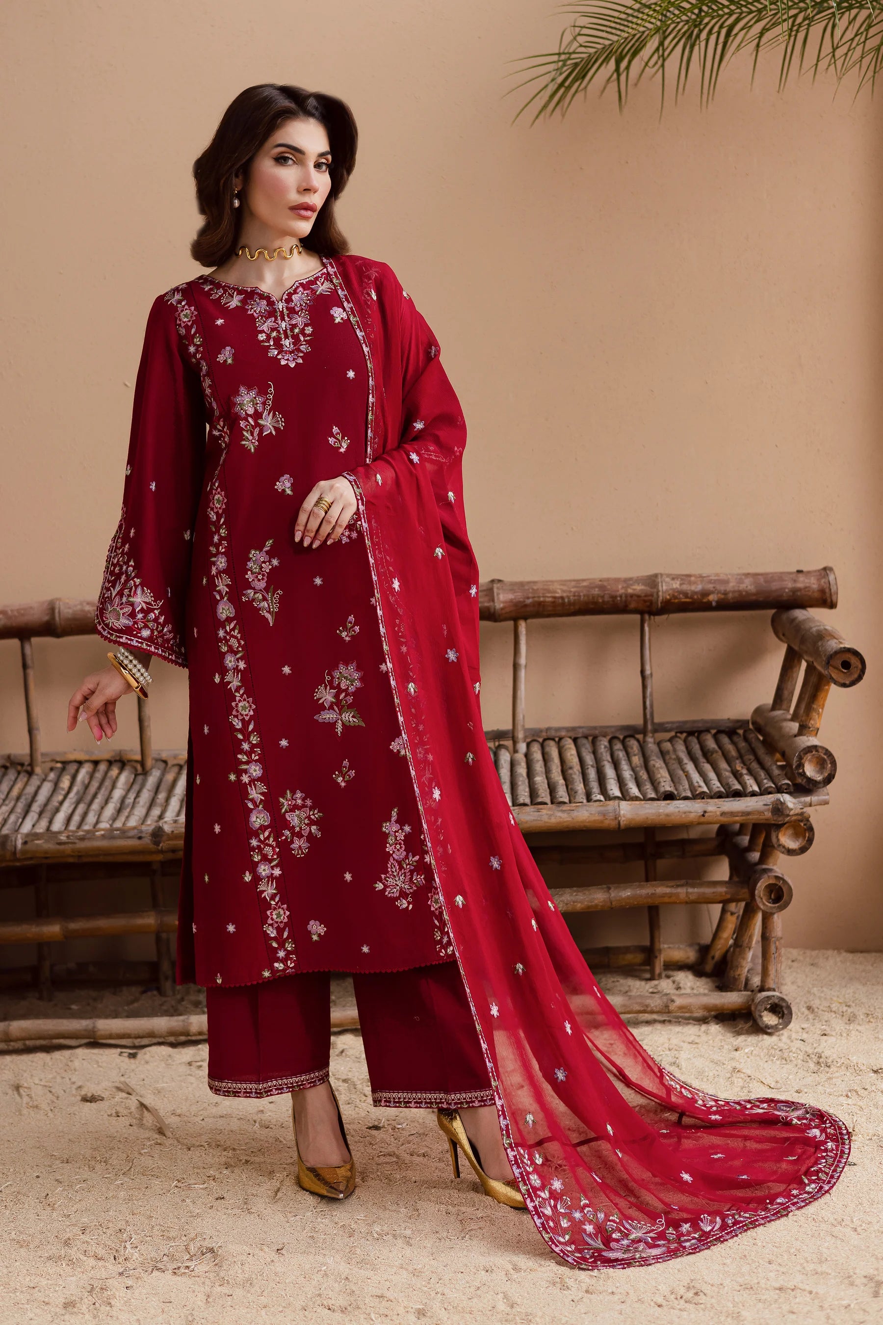 Best Selling - Beet Rush 3Pc Embroidered Dress