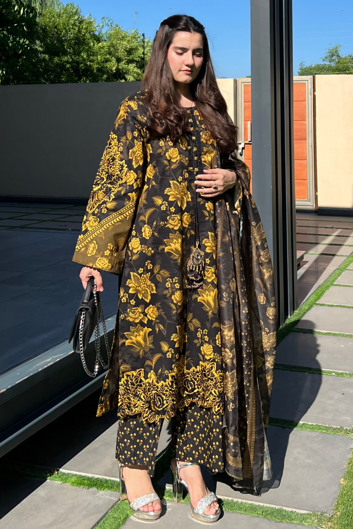 Winter - Best Selling - Black Gold Embroidered Dress