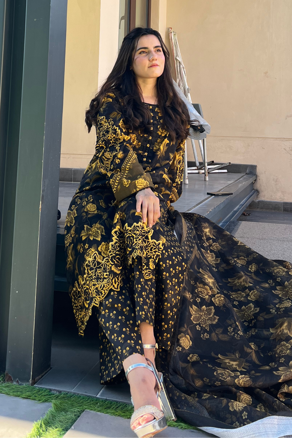 Winter - Best Selling - Black Gold Embroidered Dress