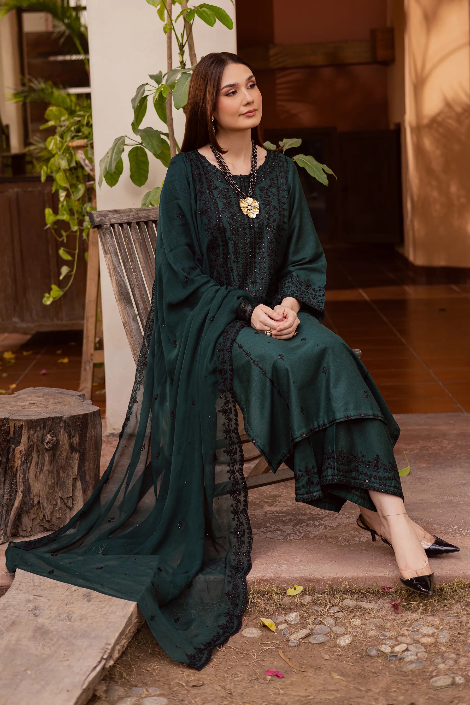 Best Selling - Green Lamia 3Pc Embroidered Festive Pret