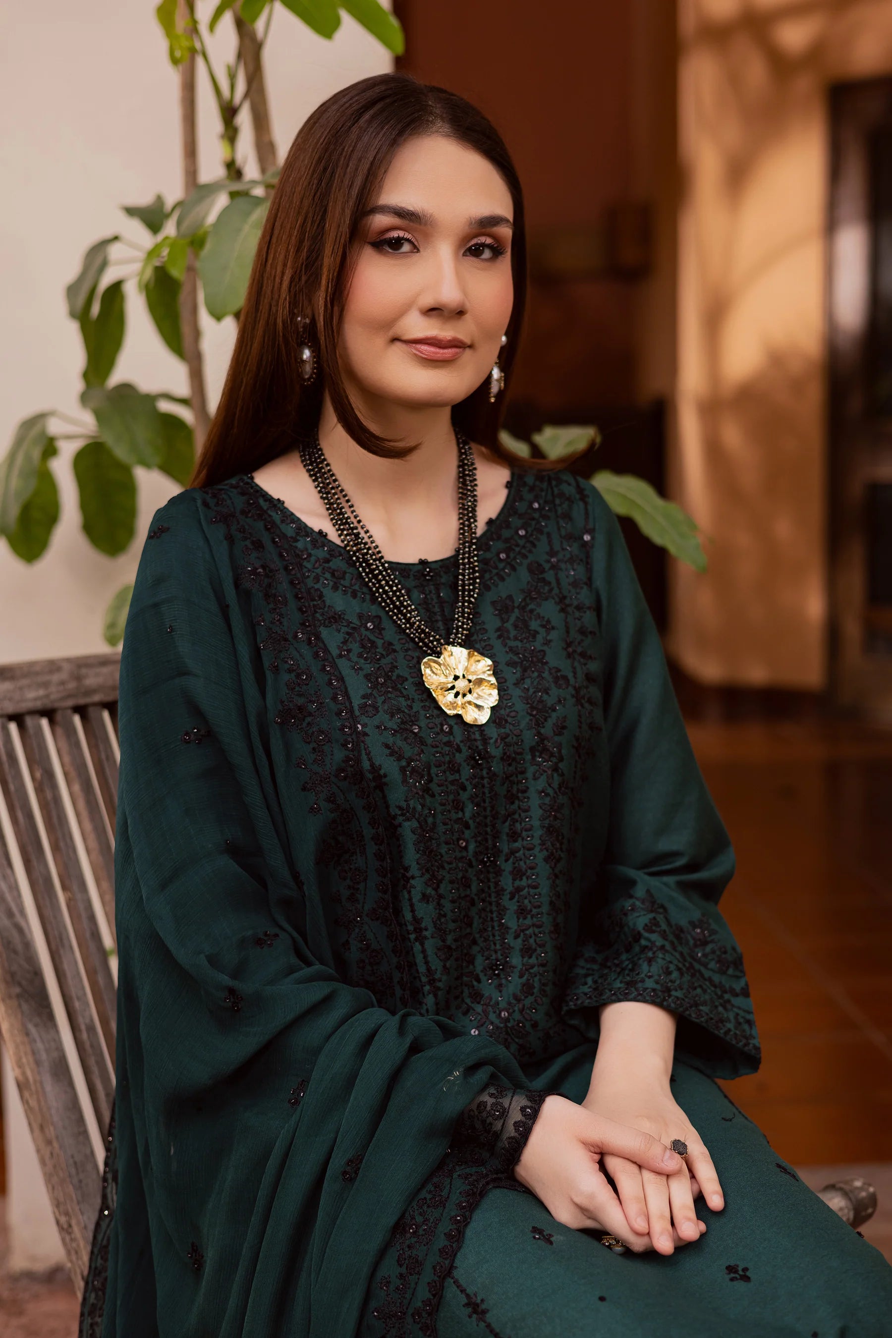 Best Selling - Green Lamia 3Pc Embroidered Festive Pret