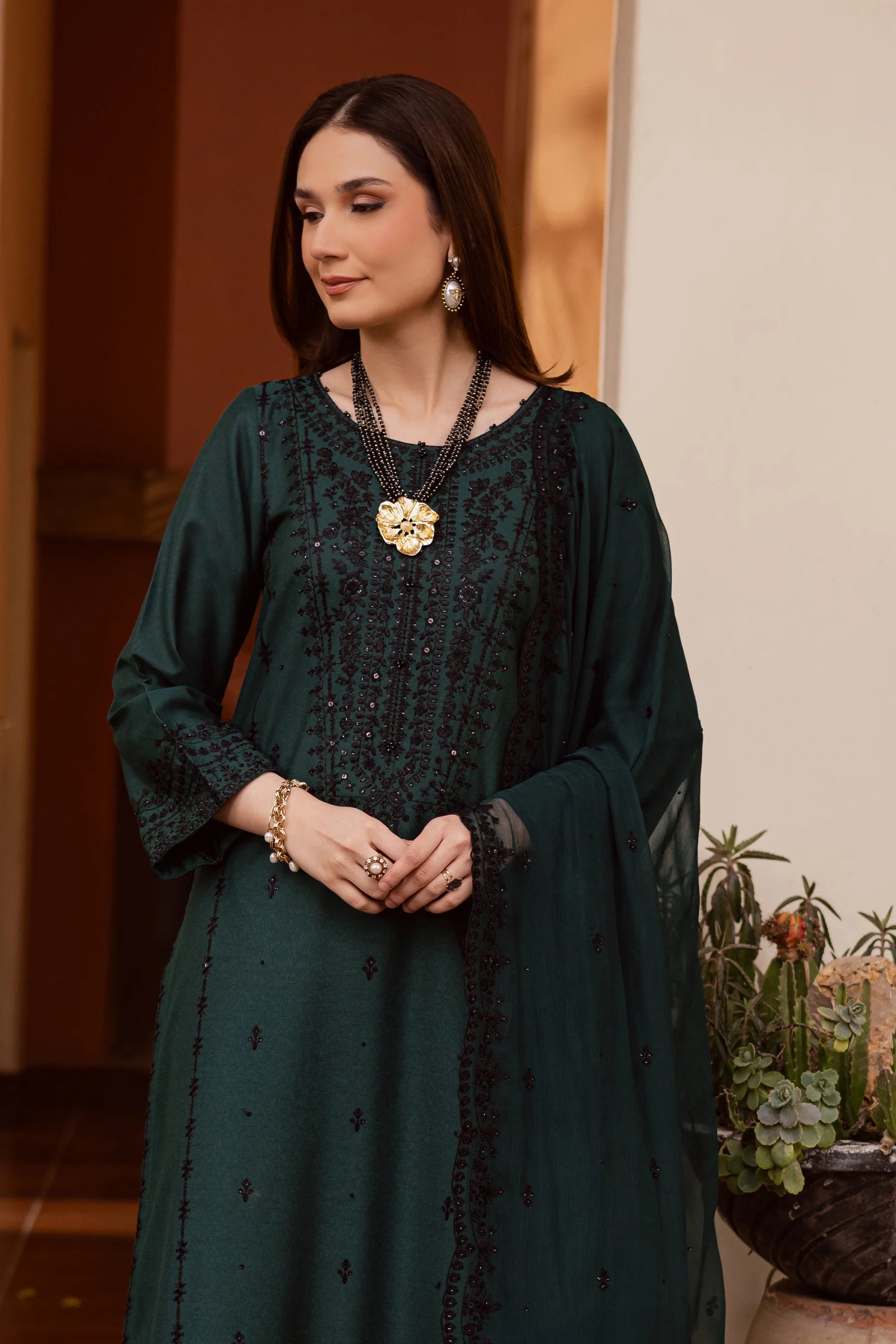 Best Selling - Green Lamia 3Pc Embroidered Festive Pret