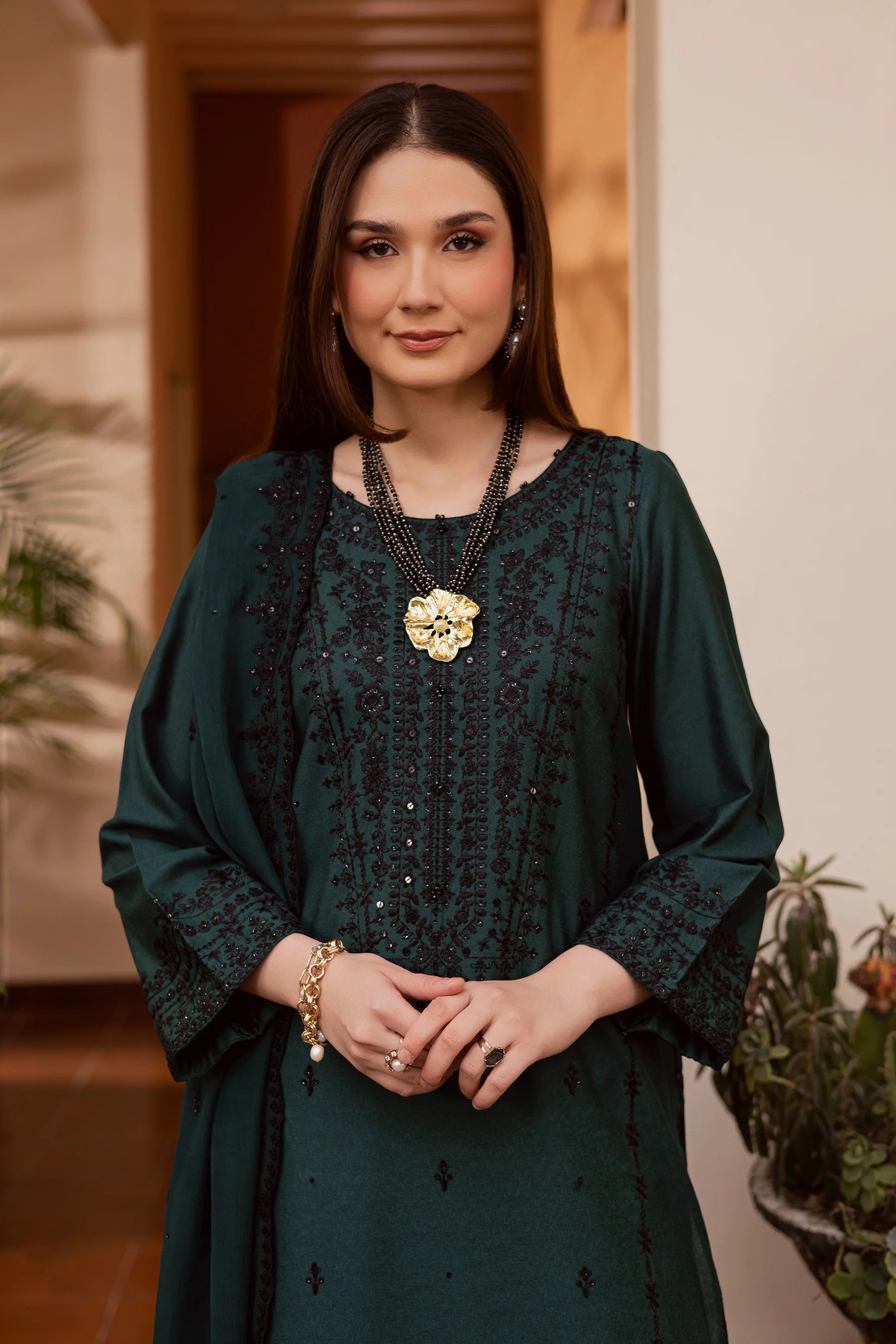 Best Selling - Green Lamia 3Pc Embroidered Festive Pret