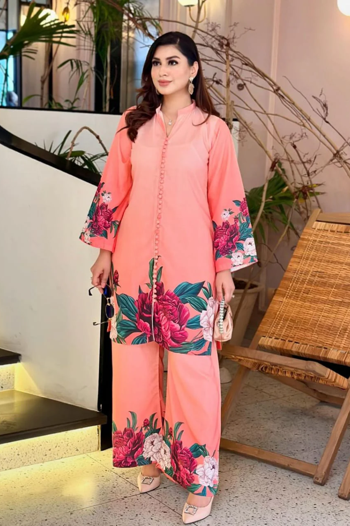 Best Selling - Peach Flower 2Pc Dress