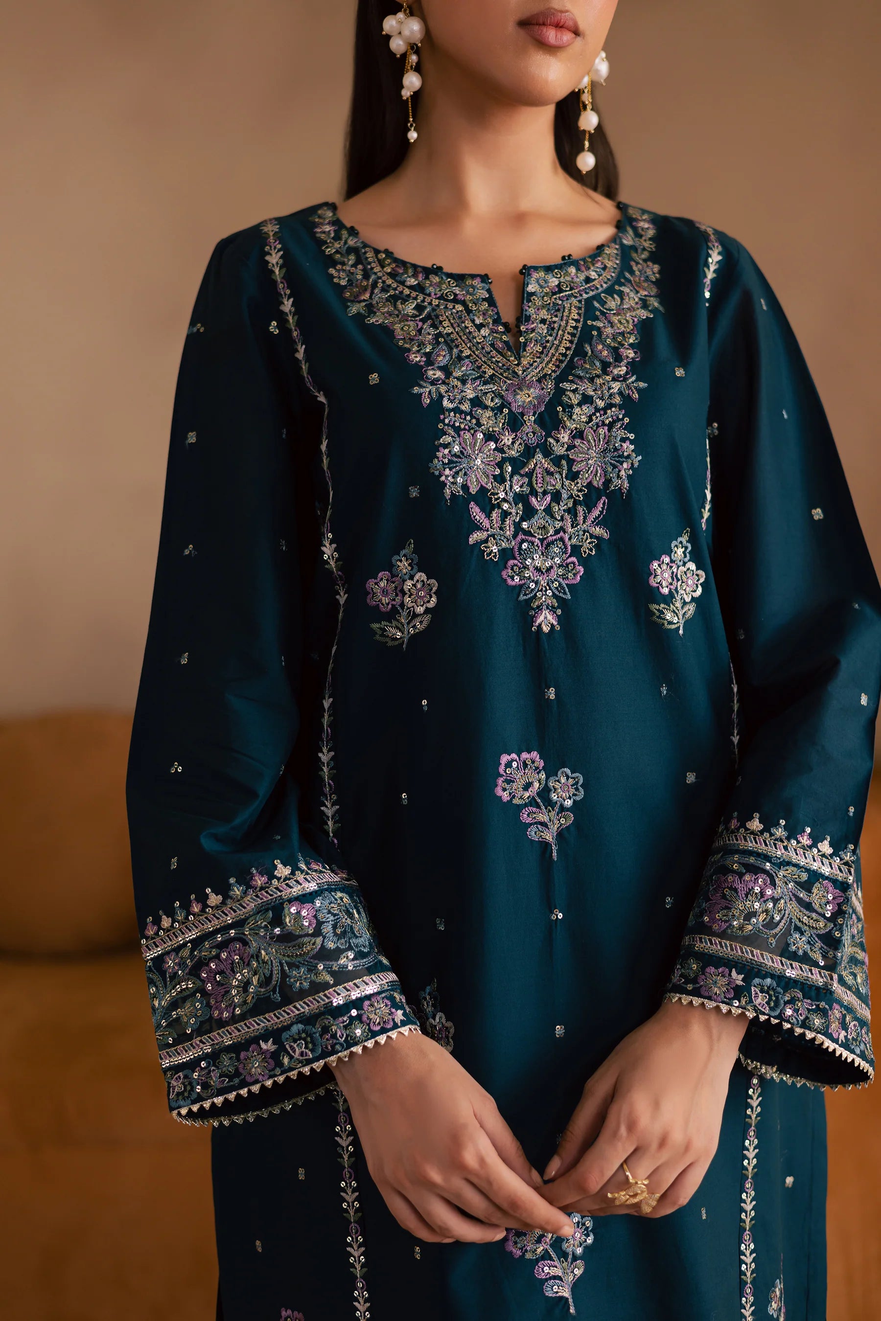 Best Selling - Pine 2Pc Embroidered Solid Dress
