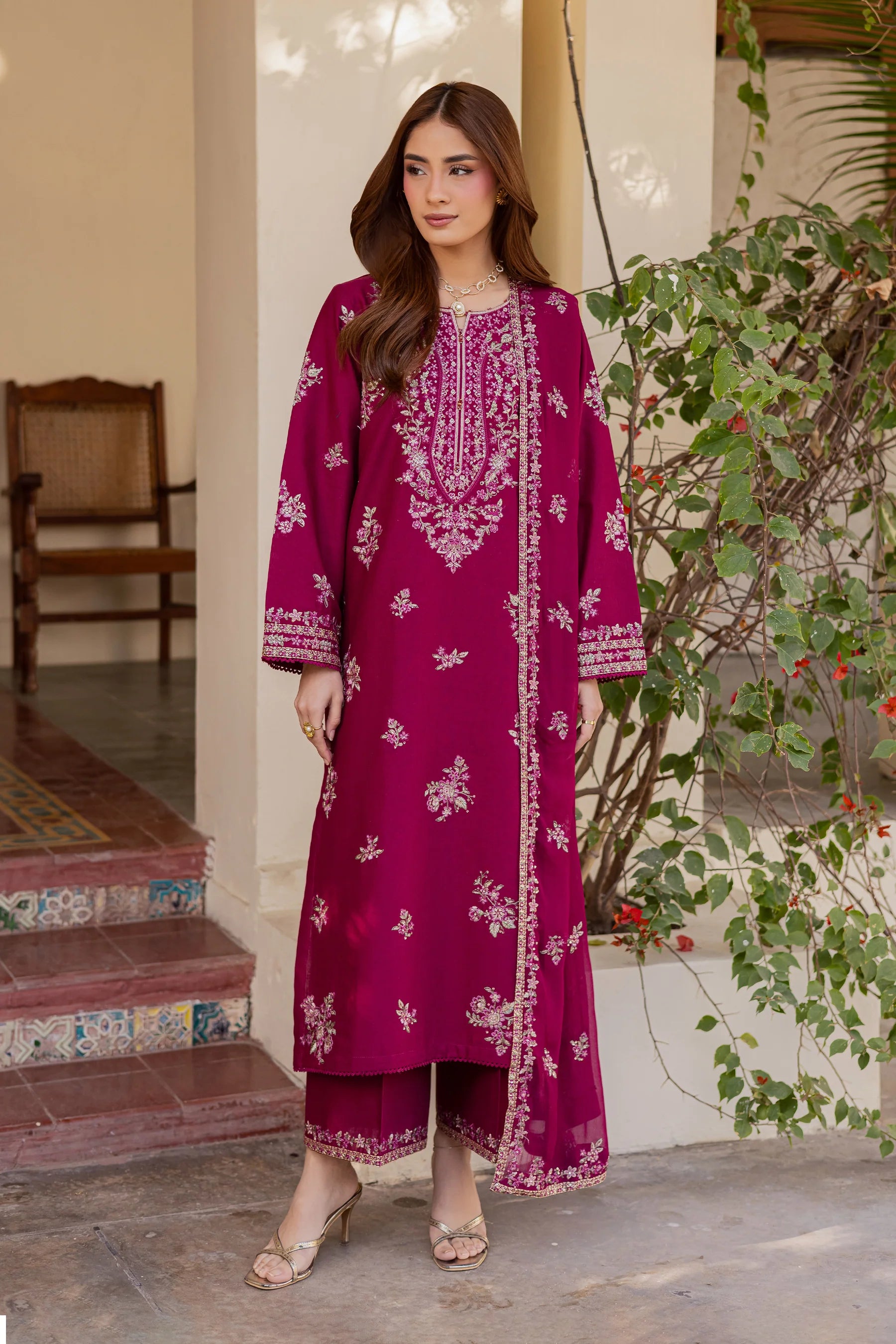 Best Selling - Plum Meeraki 3Pc Embroidered Dress