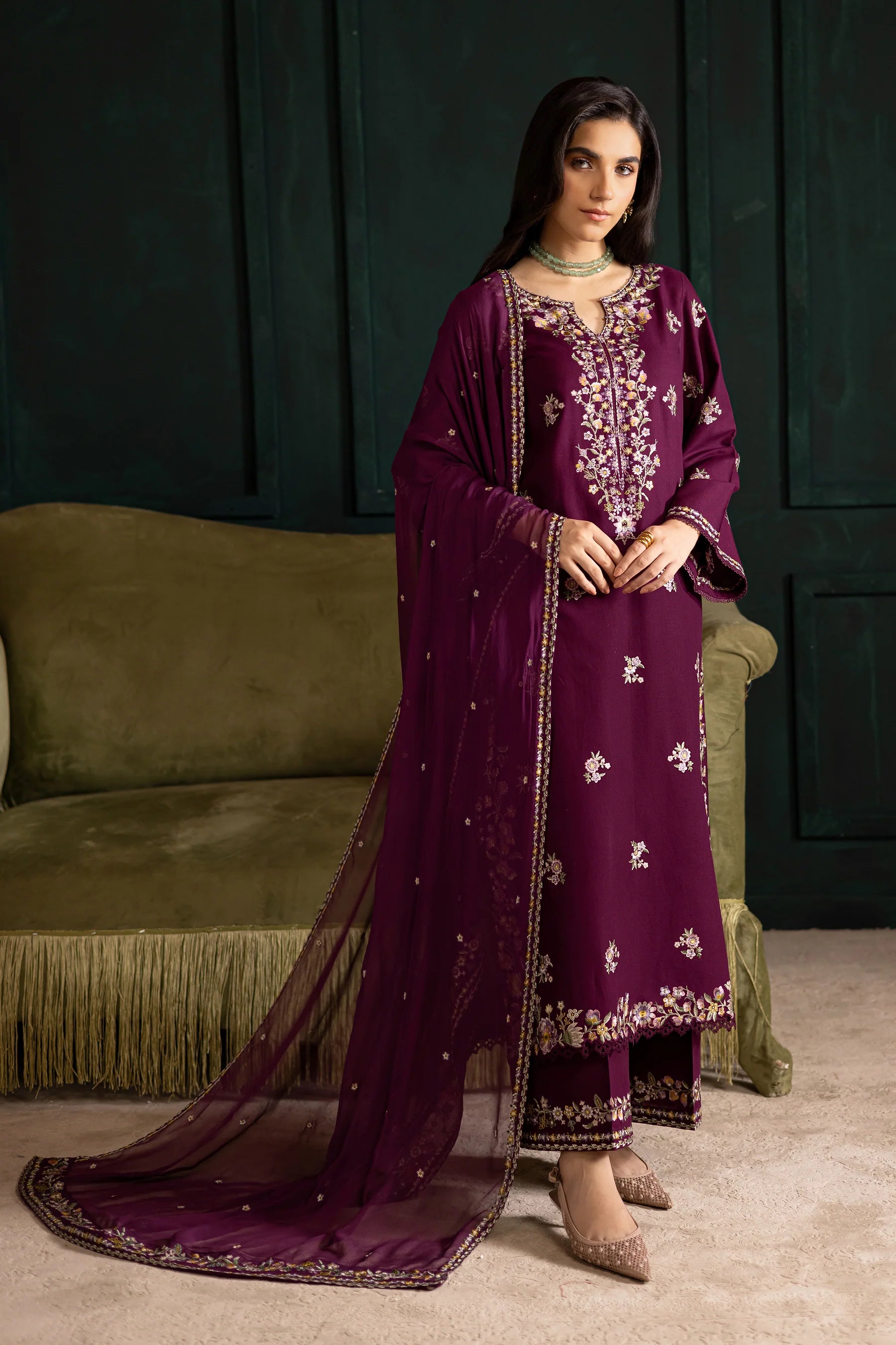 Winter - Best Selling - Prune 3Pc Embroidered Dress