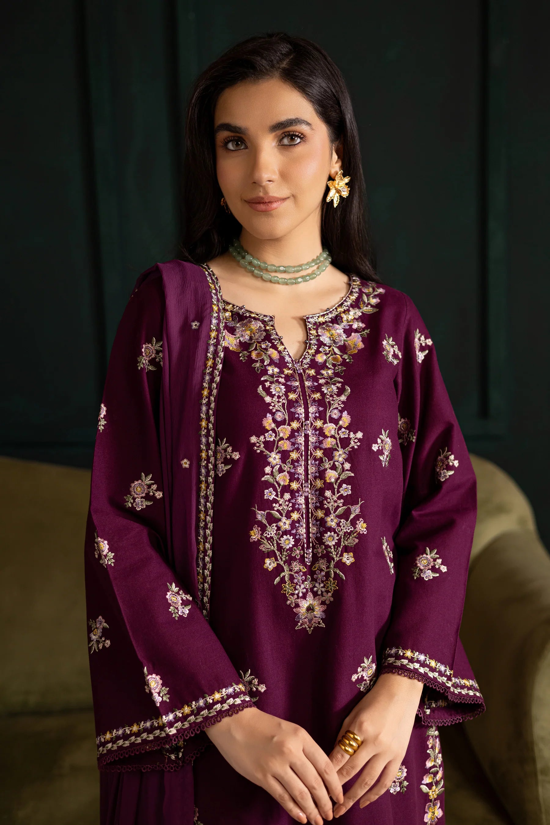 Winter - Best Selling - Prune 3Pc Embroidered Dress