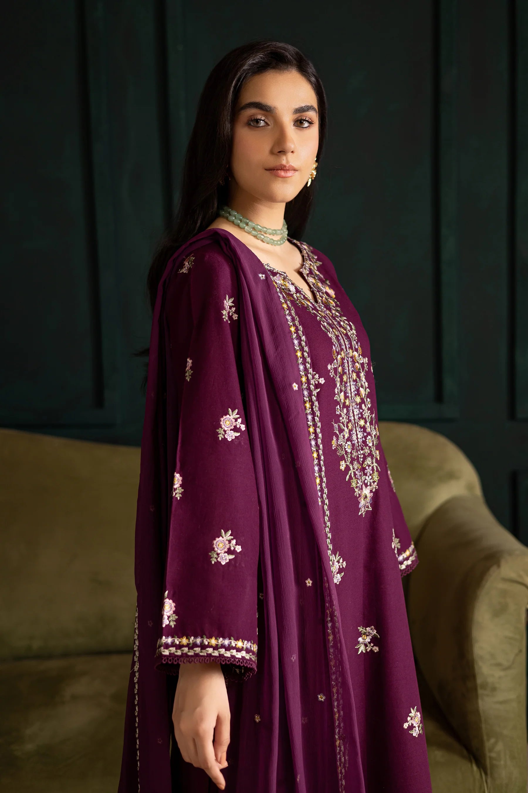 Winter - Best Selling - Prune 3Pc Embroidered Dress