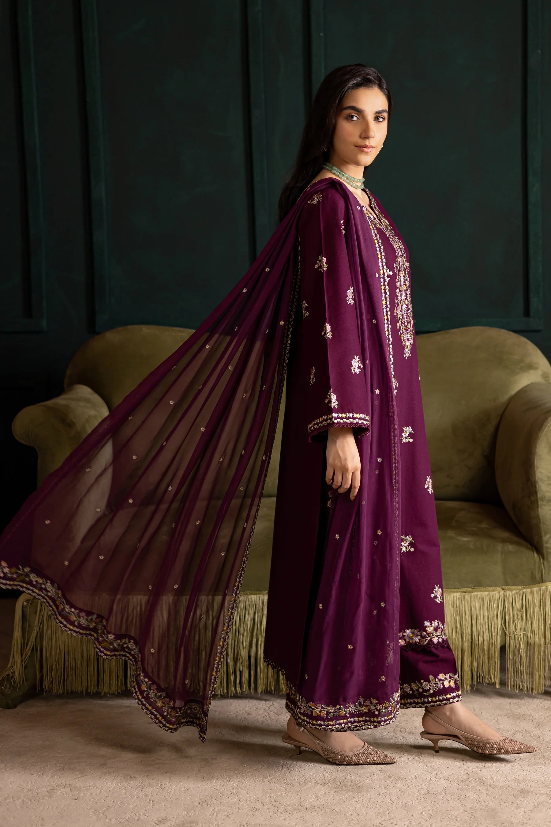 Winter - Best Selling - Prune 3Pc Embroidered Dress