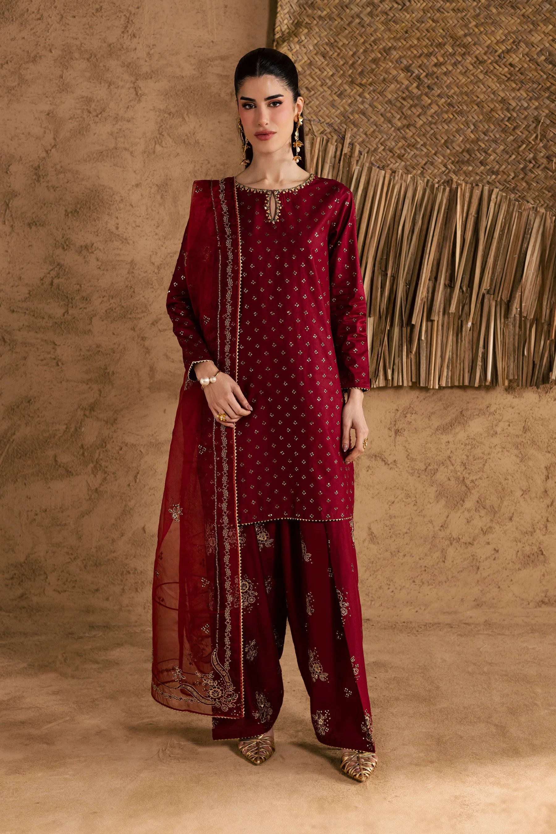 Best Selling - Red Monaco 3Pc Festive Embroidered Pret