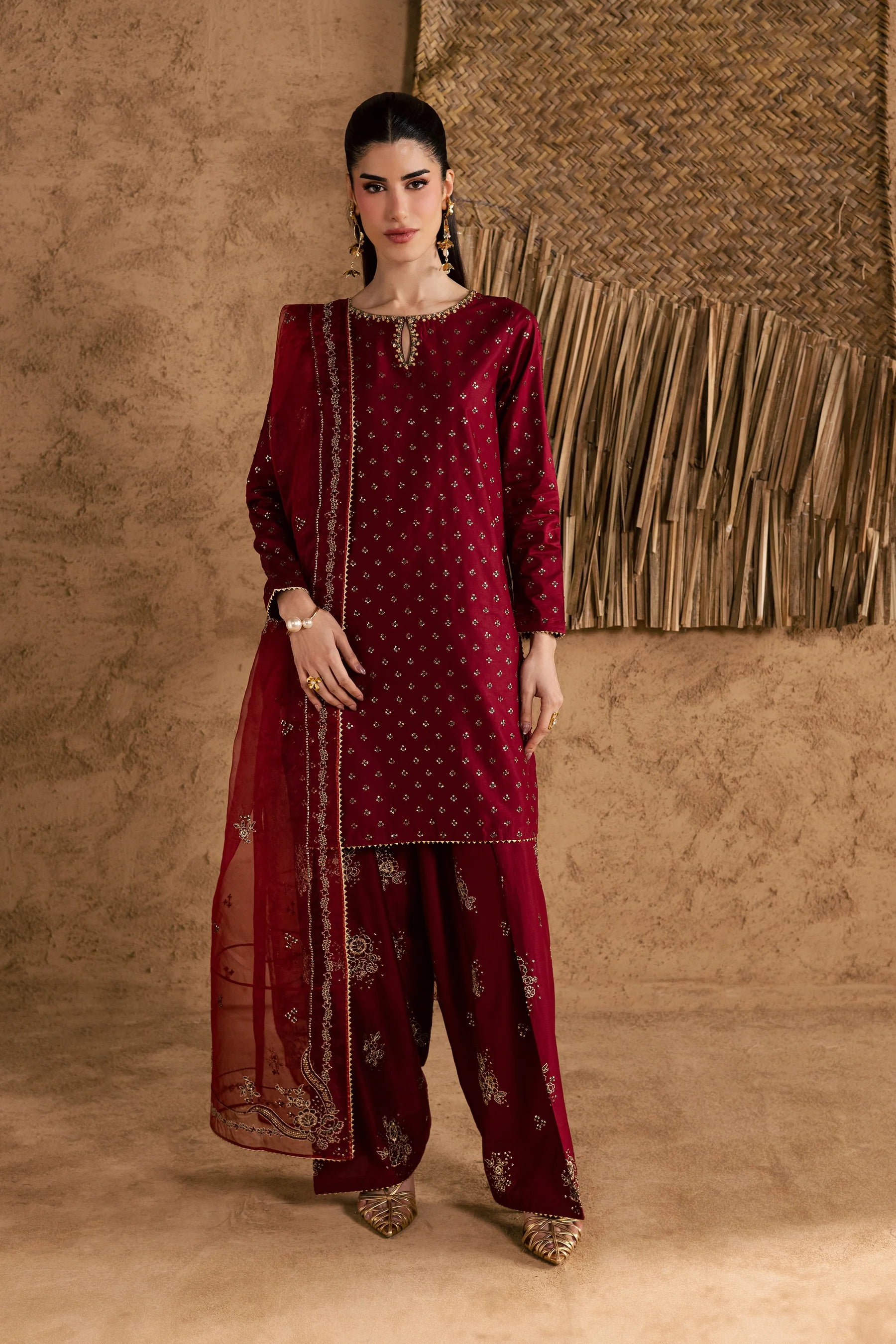 Best Selling - Red Monaco 3Pc Festive Embroidered Pret