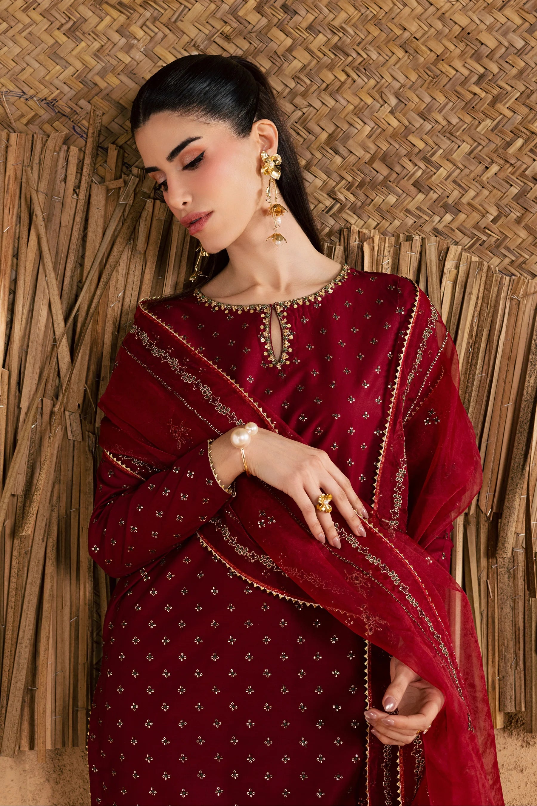 Best Selling - Red Monaco 3Pc Festive Embroidered Pret