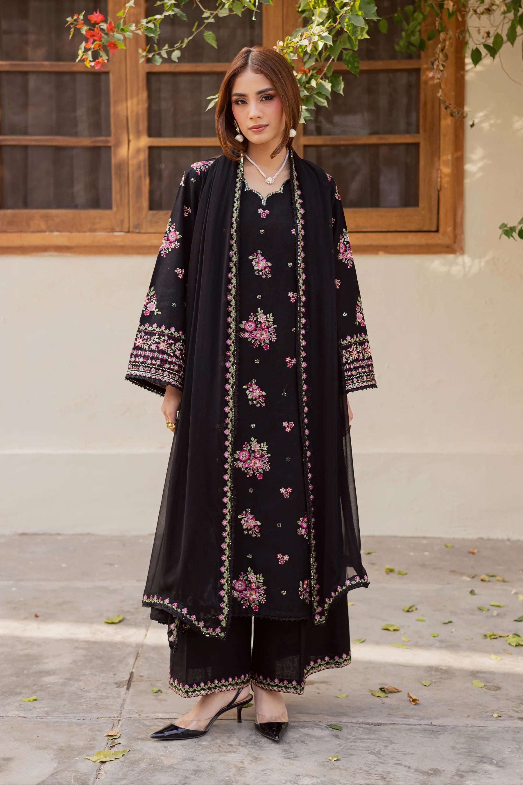 Best Selling - Black Pink 3Pc Embroidered Dress