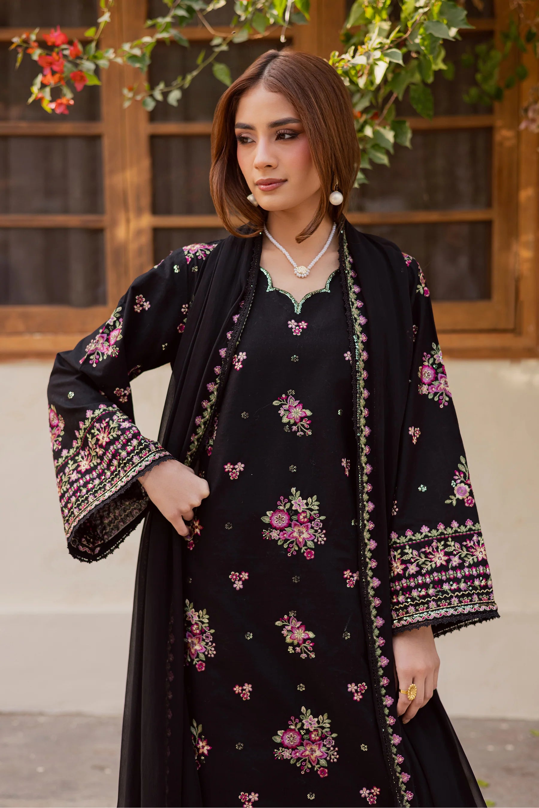 Best Selling - Black Pink 3Pc Embroidered Dress