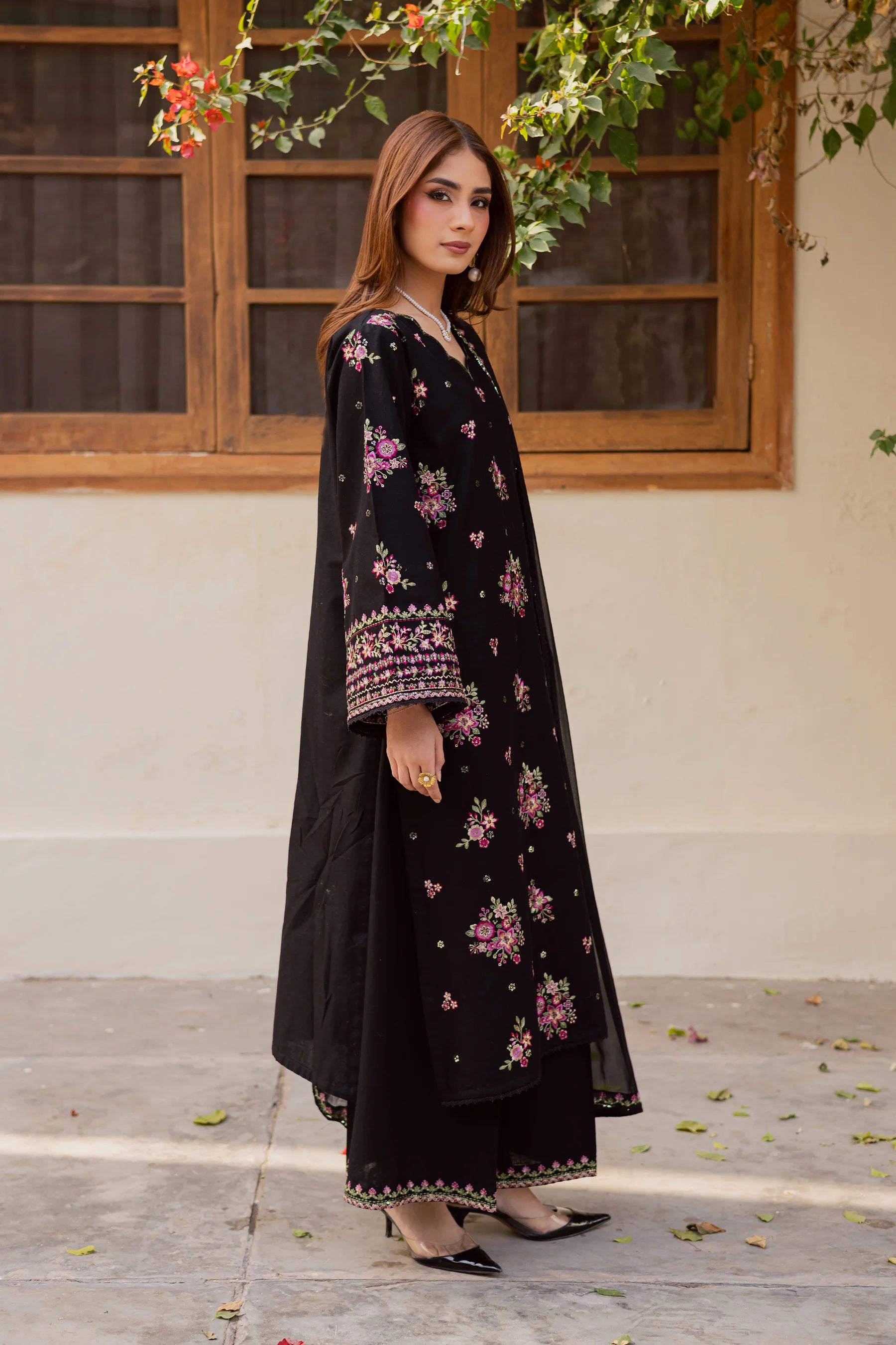 Best Selling - Black Pink 3Pc Embroidered Dress