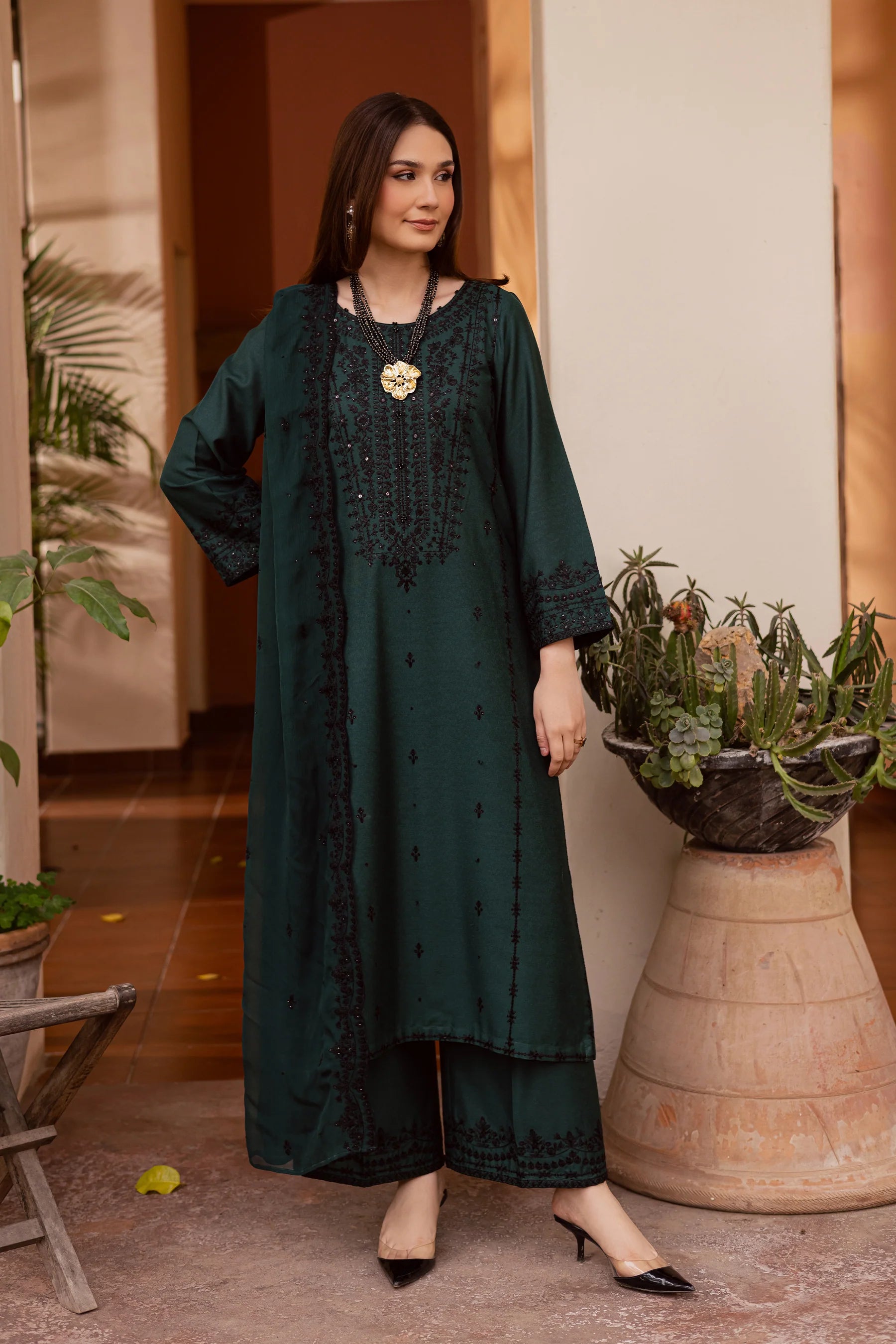 Best Selling - Green Lamia 3Pc Embroidered Festive Pret
