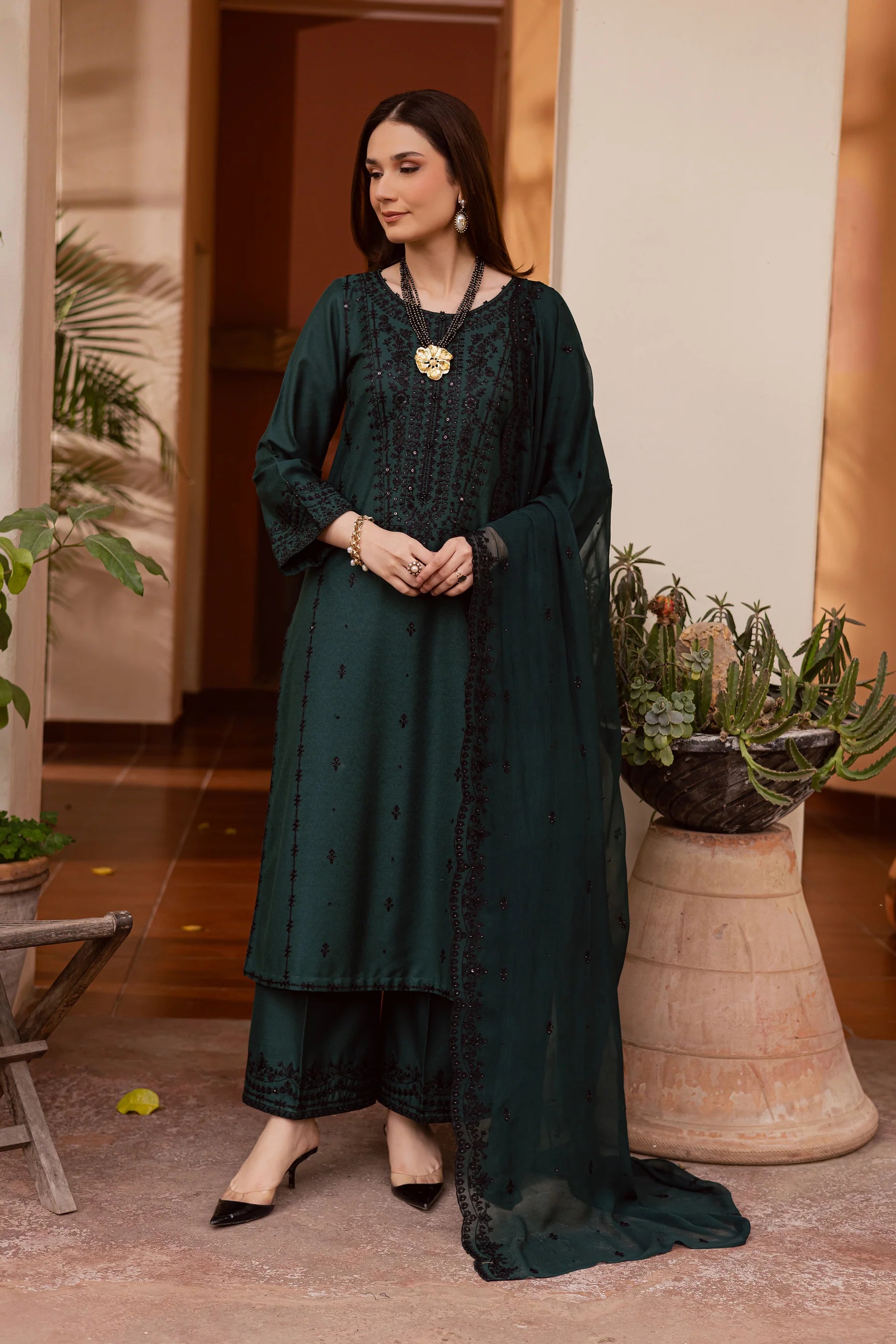 Best Selling - Green Lamia 3Pc Embroidered Festive Pret
