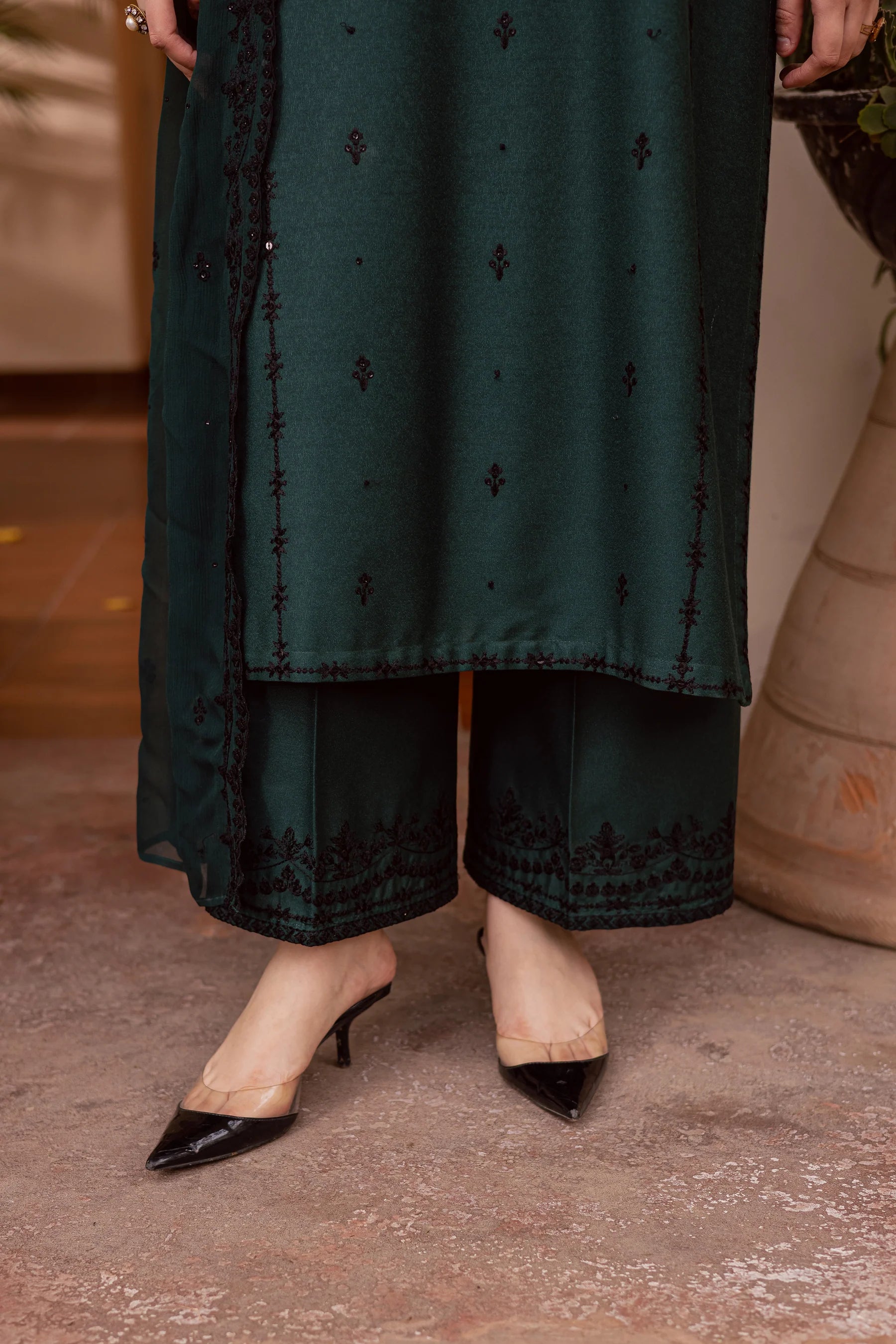 Best Selling - Green Lamia 3Pc Embroidered Festive Pret