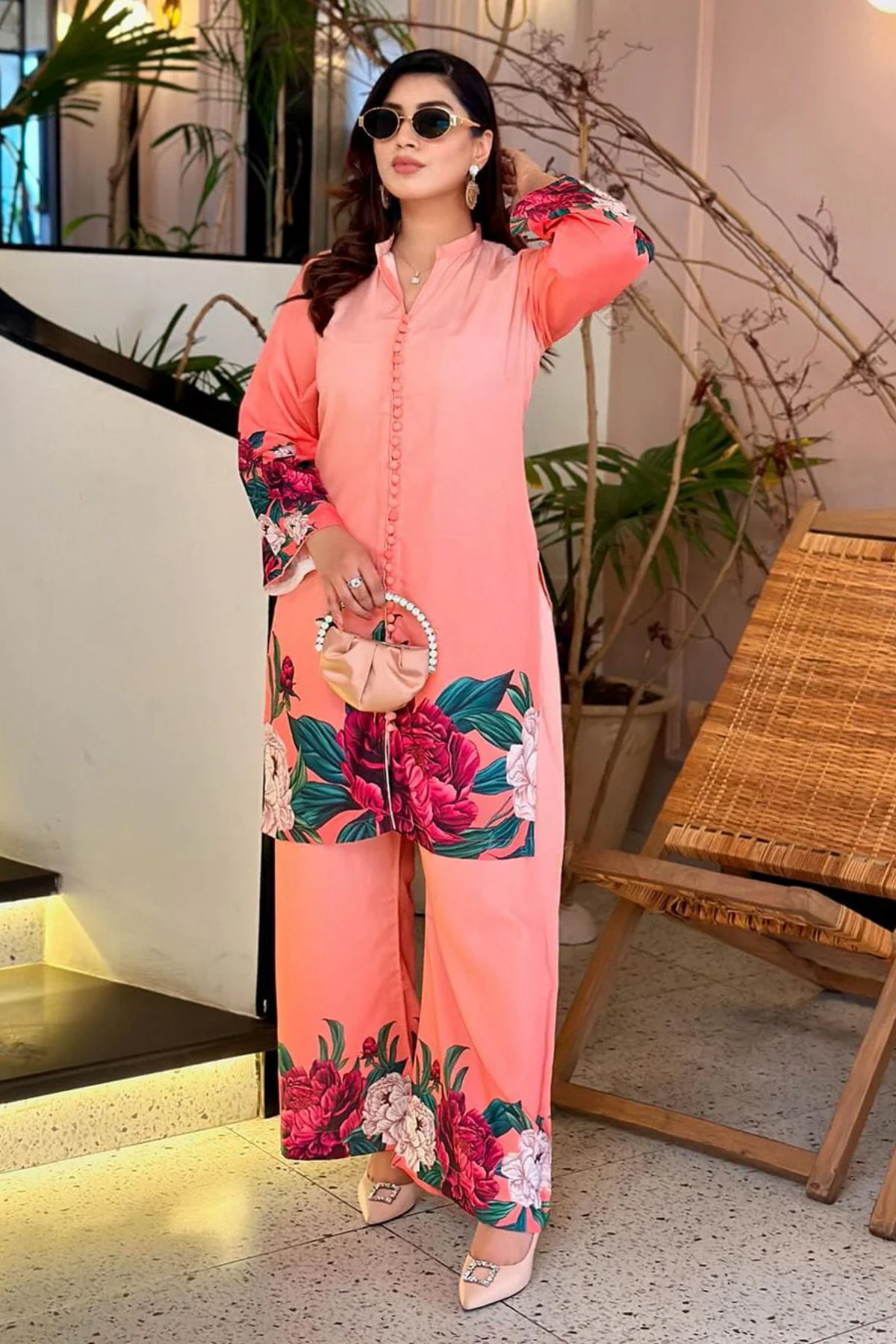 Best Selling - Peach Flower 2Pc Dress