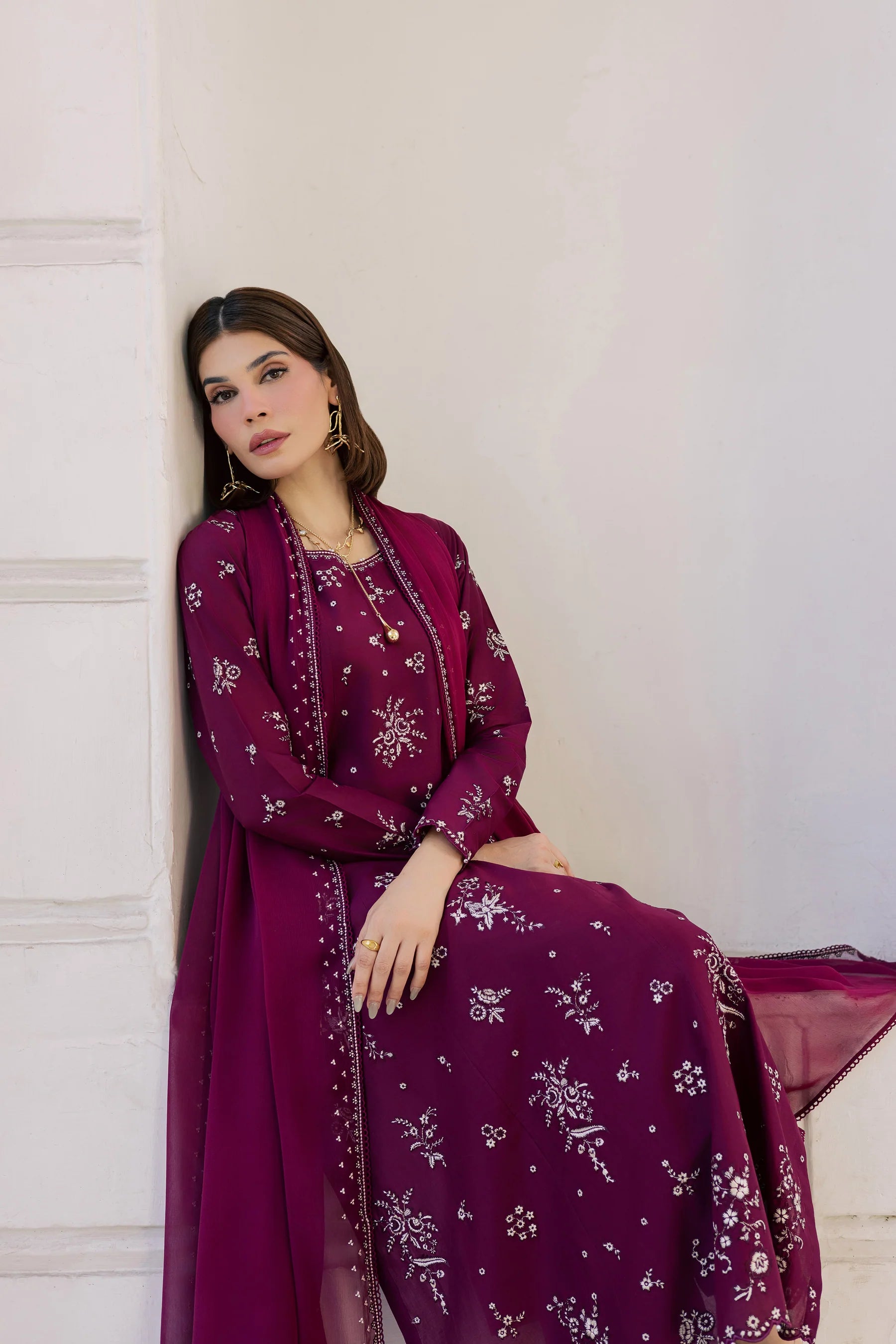 Best Selling - Plum Pop 3Pc Festive Embroidered Dress