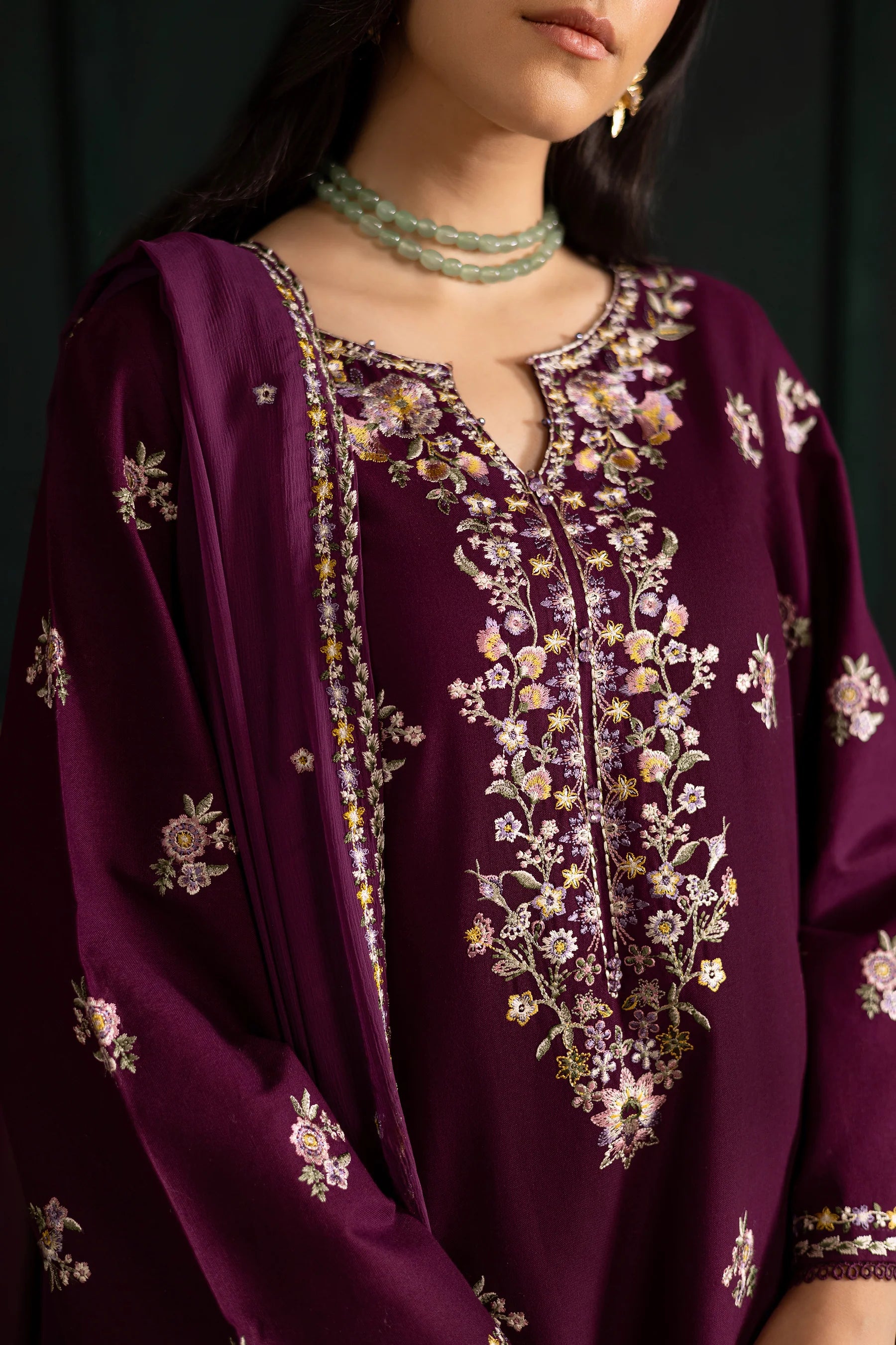 Winter - Best Selling - Prune 3Pc Embroidered Dress