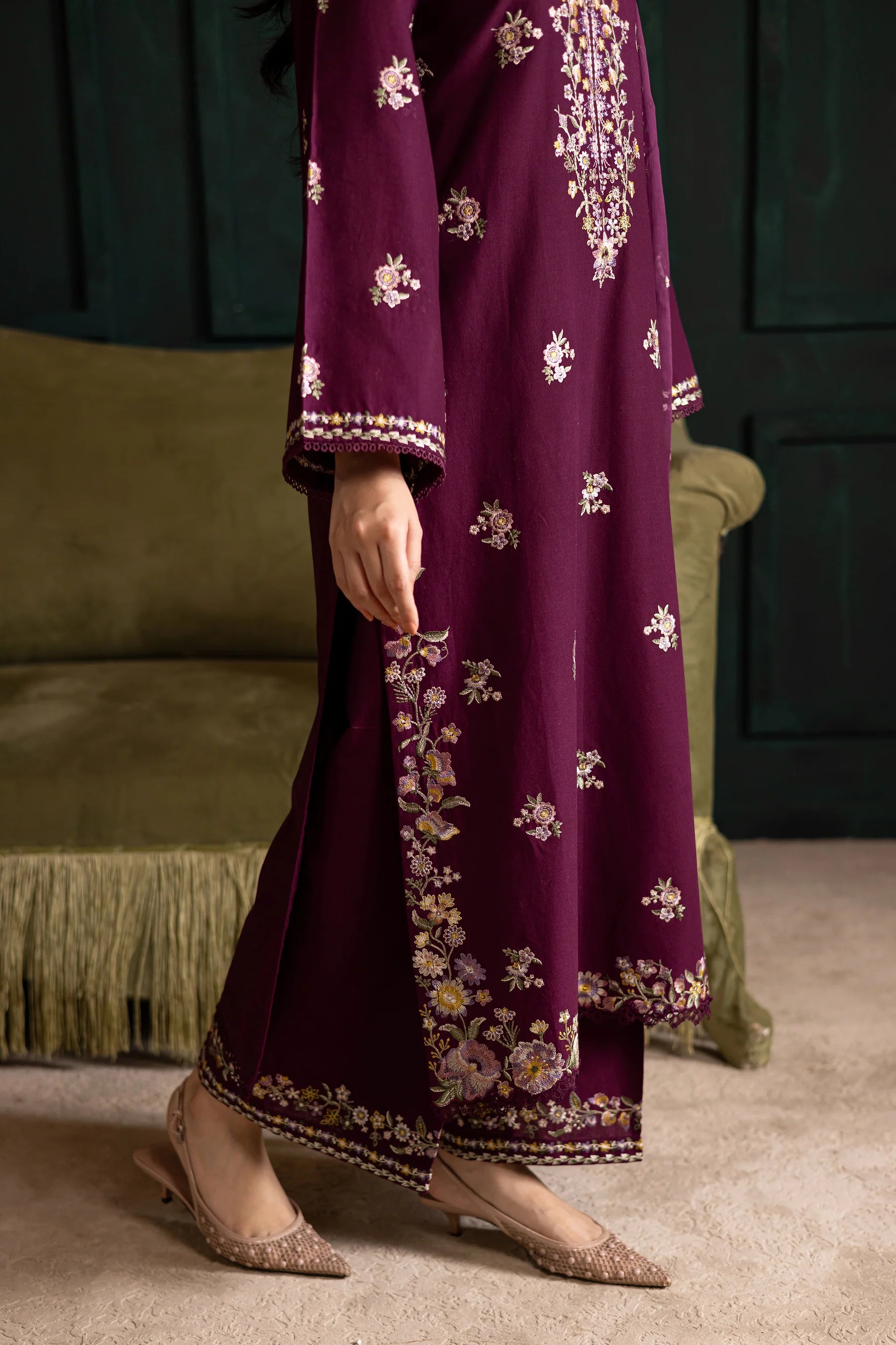 Winter - Best Selling - Prune 3Pc Embroidered Dress