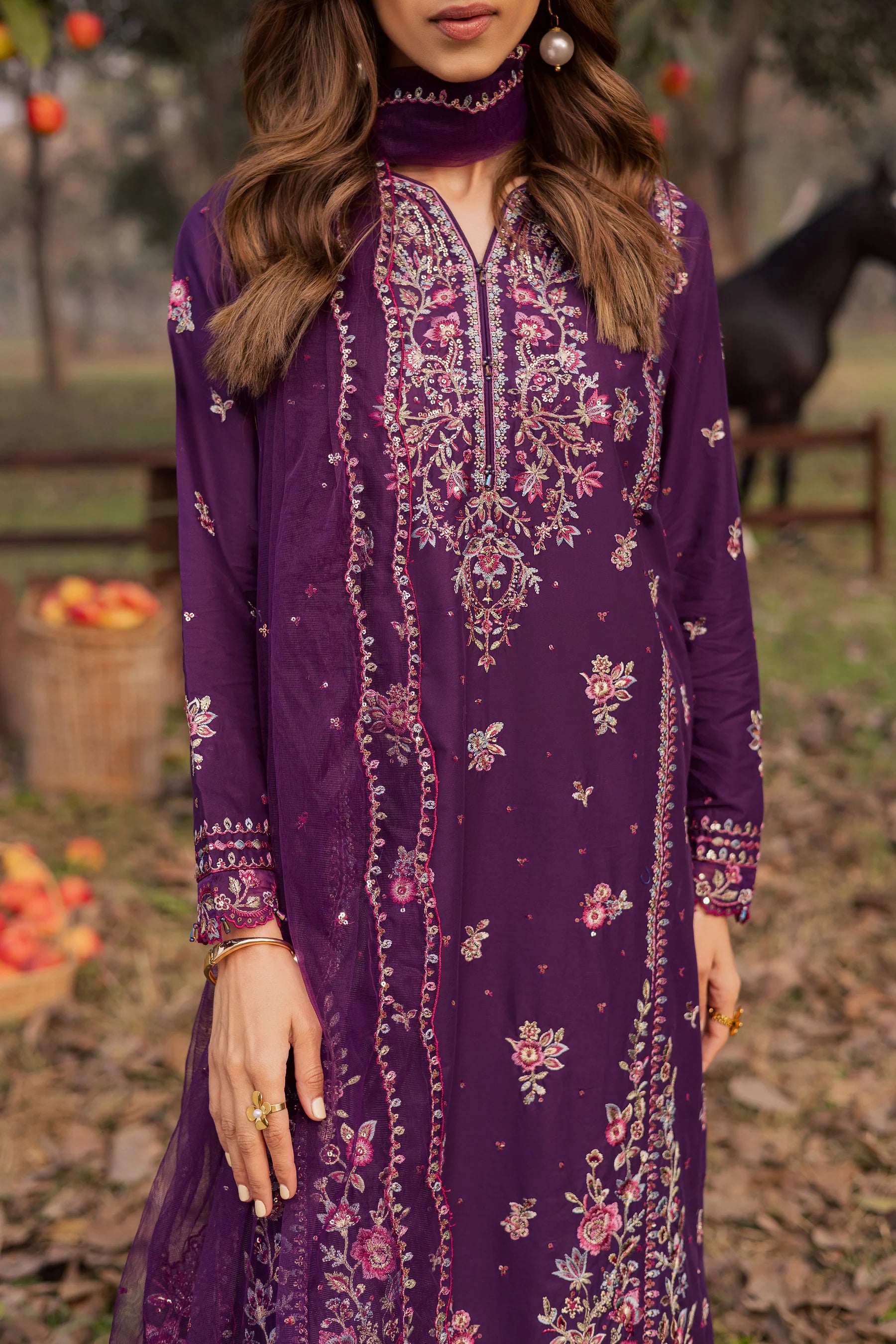 Best Selling - Purple Garden 3Pc Festive Embroidered Dress