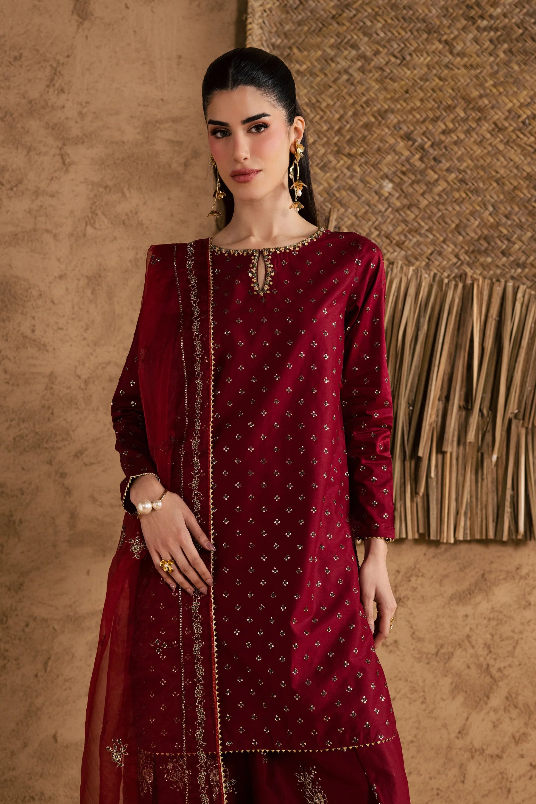 Best Selling - Red Monaco 3Pc Festive Embroidered Pret