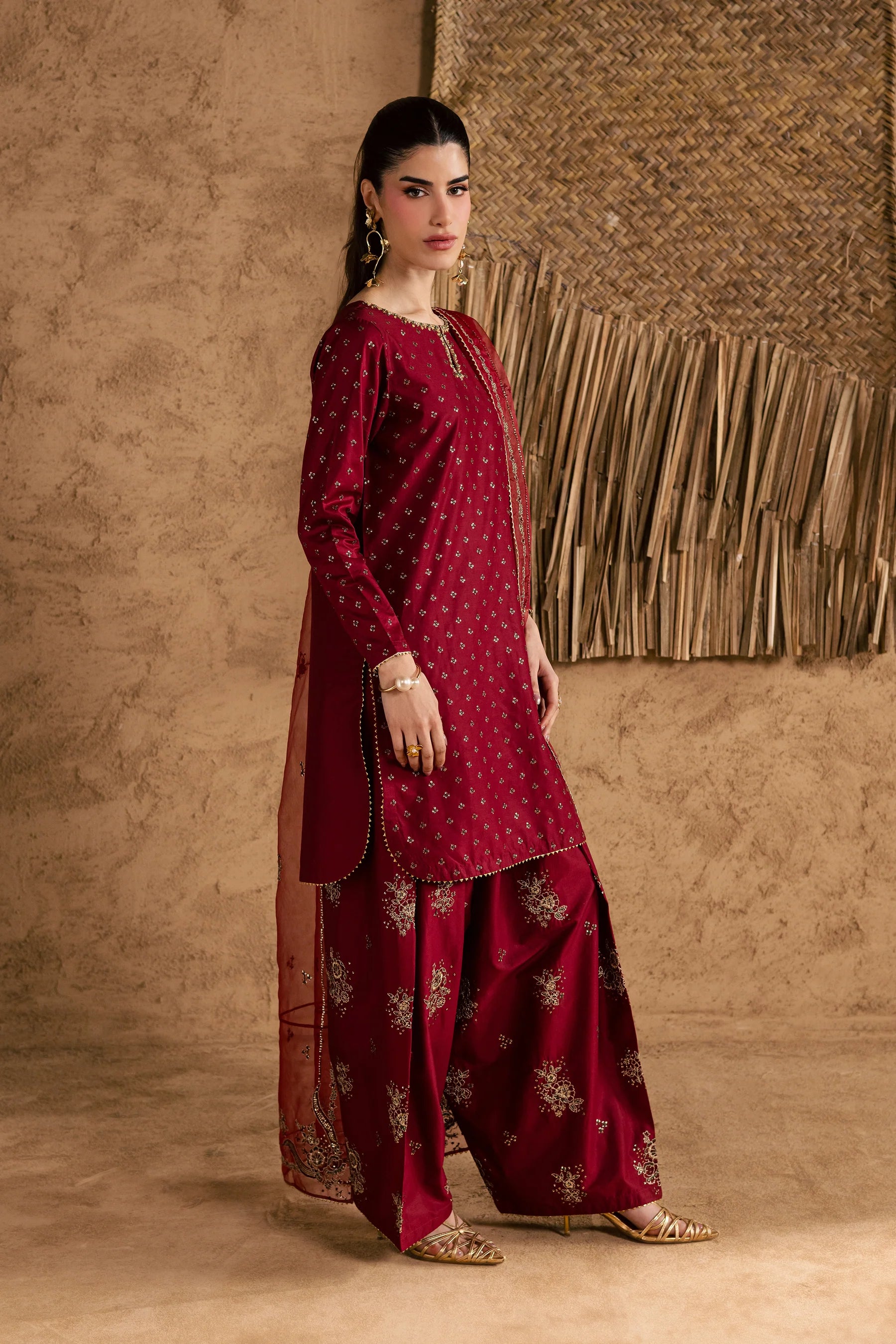 Best Selling - Red Monaco 3Pc Festive Embroidered Pret