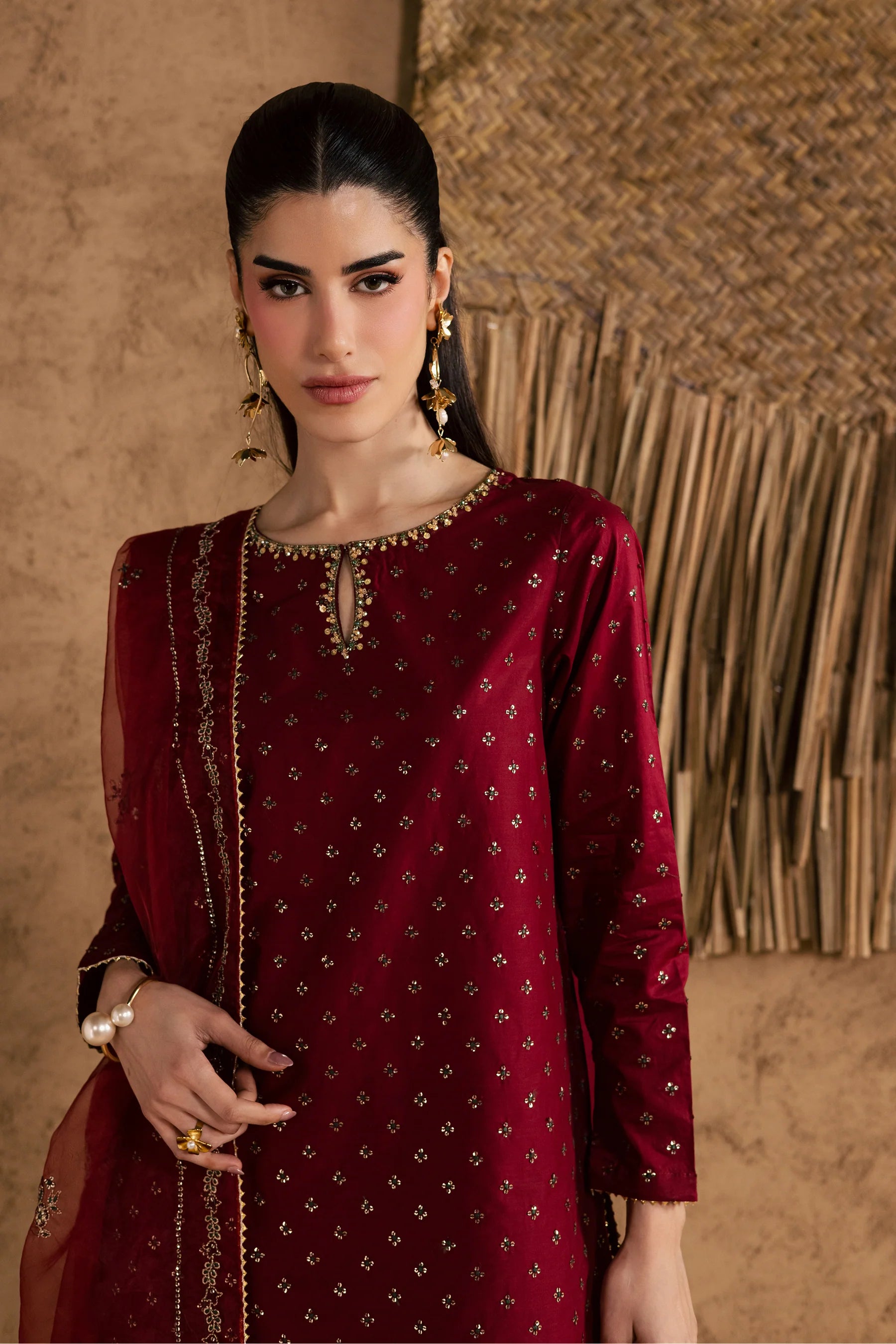 Best Selling - Red Monaco 3Pc Festive Embroidered Pret