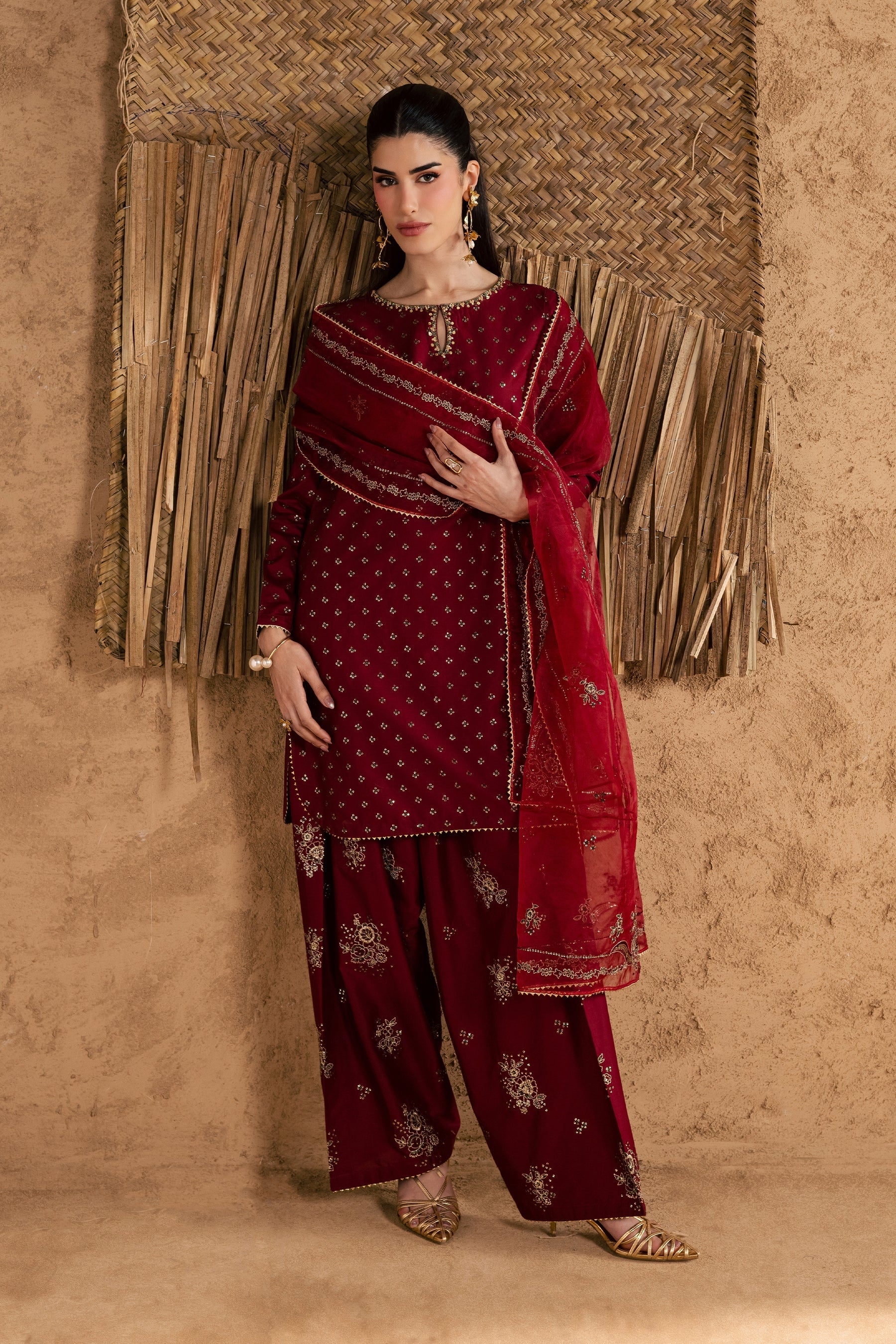 Best Selling - Red Monaco 3Pc Festive Embroidered Pret